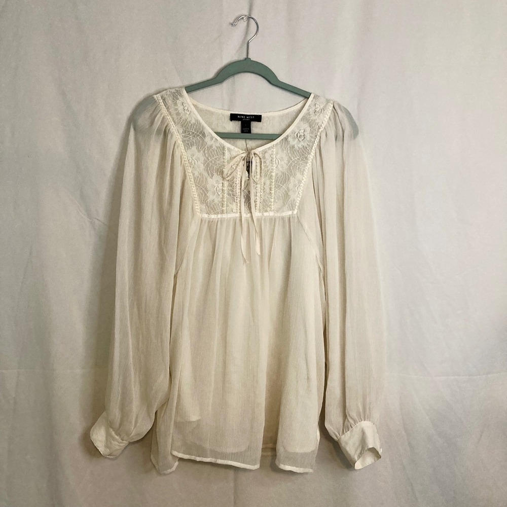 Ivory Lace Pearl Peasant Blouse Nine West Jeans Marjorie L Boho Crinkle Chiffon